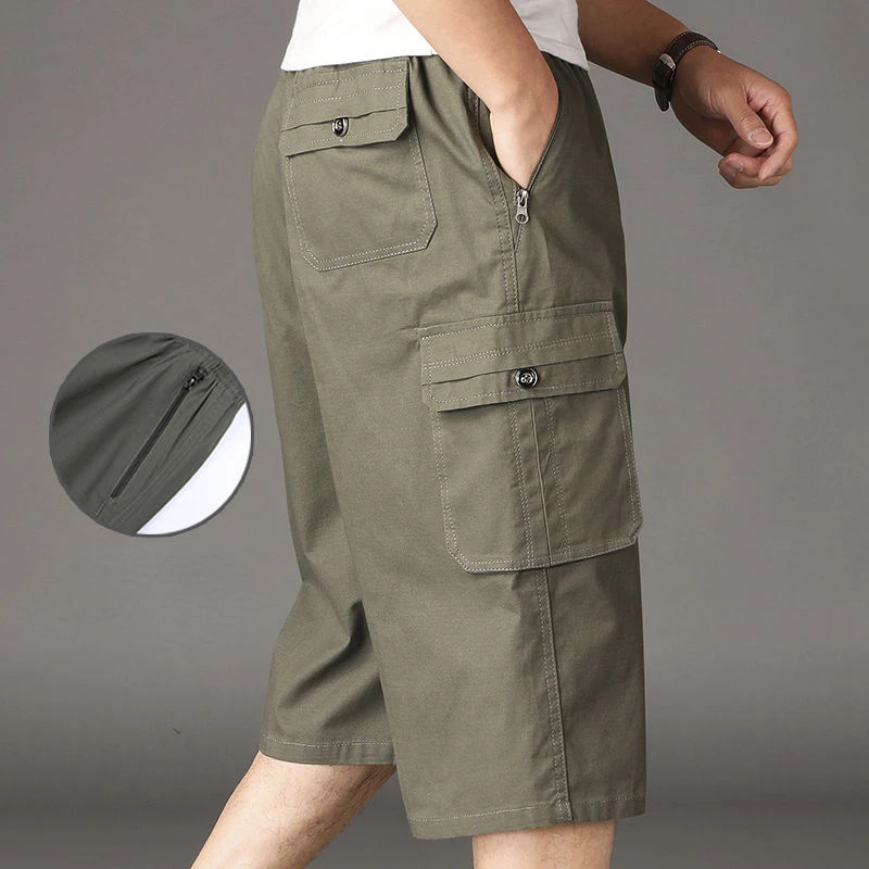 Men's Summer Shorts Cargo Pants Thin Cotton Middle-aged Casual Large Size Knee Length Multi-pocket Zipper Elastic Waist Shorts