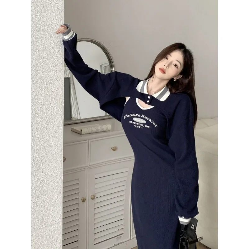 Y2k Skirt Sets Dress Polo Collar Blouse Women Long-sleeved Loose Temperament Elegant Trend Short Hoodie Coat Top Two-piece Set
