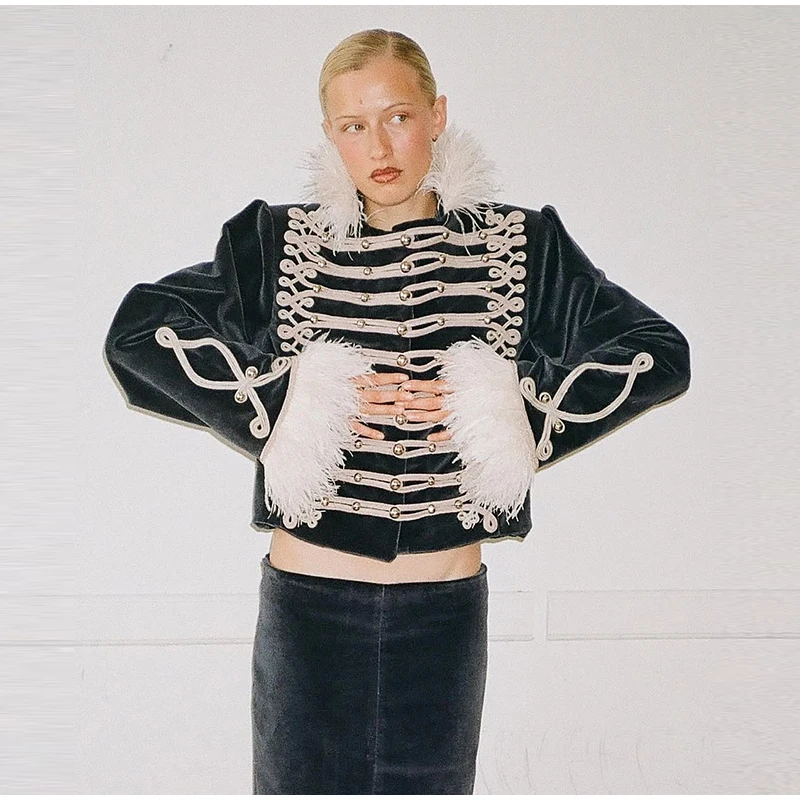 Model wearing jacket in casual setting