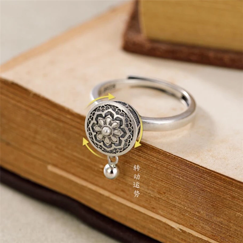 WYEAIIR 925 Sterling Silver Rotatable Vintage Thai Silver Creative Amulet Resizable Opening Ring For Women Luxury Jewelry 5