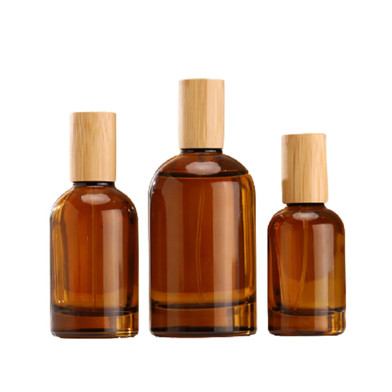 5Pcs Spray Mist Refill Bottle Tappo In Legno Di Bambù Pompa A Crimpare Nera Atomizzatore Vuoto Profumo Bottiglia Di Vetro Marrone Trasparente 30Ml 50 