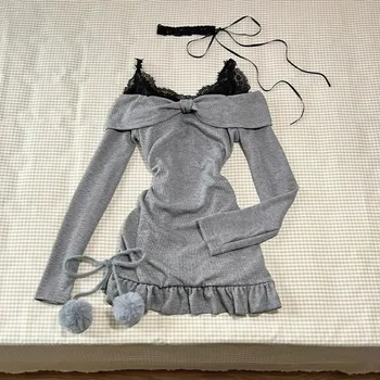 2024 High Street Two Piece Set Gray Slash Neck Long Sleeve Spliced Plested Dresses Y2k Aesthetic Vintage Lace Design Sling Dress 1
