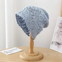 Popular  Beautiful Women Summer  Cotton Crochet Slouchy Beanie Hat Handmade Knit Cutout Summer Floral Skull Cap 1