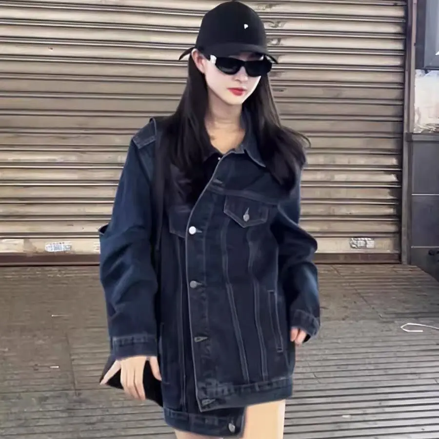 

2023 New Spring And Autumn Cowboy Coat Woman Easy Solid Color Lovers Long Sleeve Middle Length Large Size Jacket Free Shipping