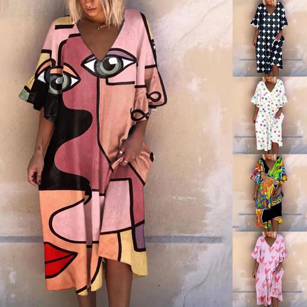 

Fashion Dress V Neck Printing Retro Large Hem Casual Dress for Daily Life
