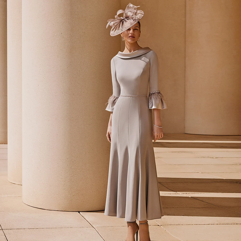 

Elegant Mother of the Bride Dresses O Neck 3/4 Sleeves Wedding Party Gowns Pearls Fur A-Line Tea Length Robe De Fête De Mariage