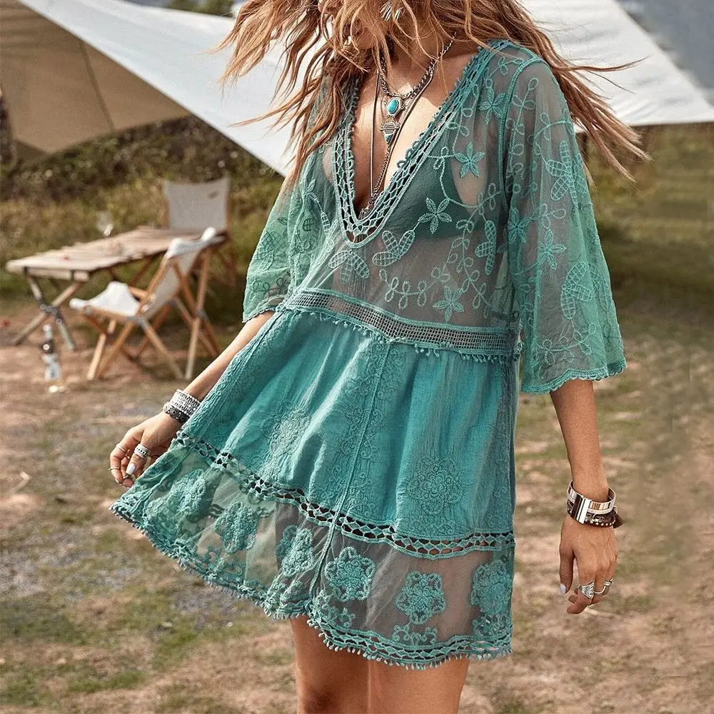 Fashion V Neck Summer Sunscreen Smock Loose Lace Swimsuit Cover Up Dress Vacation Bathing Suit Beachwear Shirt for Women 5