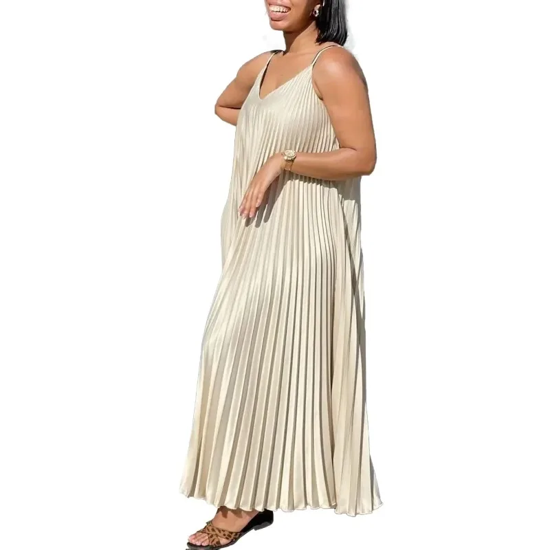 2024 Plus Size African Dresses for Women Sexy Summer Sleeveless Polyester Pleat Party Evening Long Maxi Dress Africa Clothing