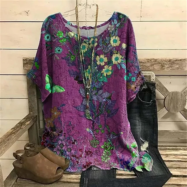 2023 New Round Collar Flower Printing Top Retro Pullover Summer Loose Short Sleeves Oversized Tee Shirt Fashion T-Shirt S-5xl