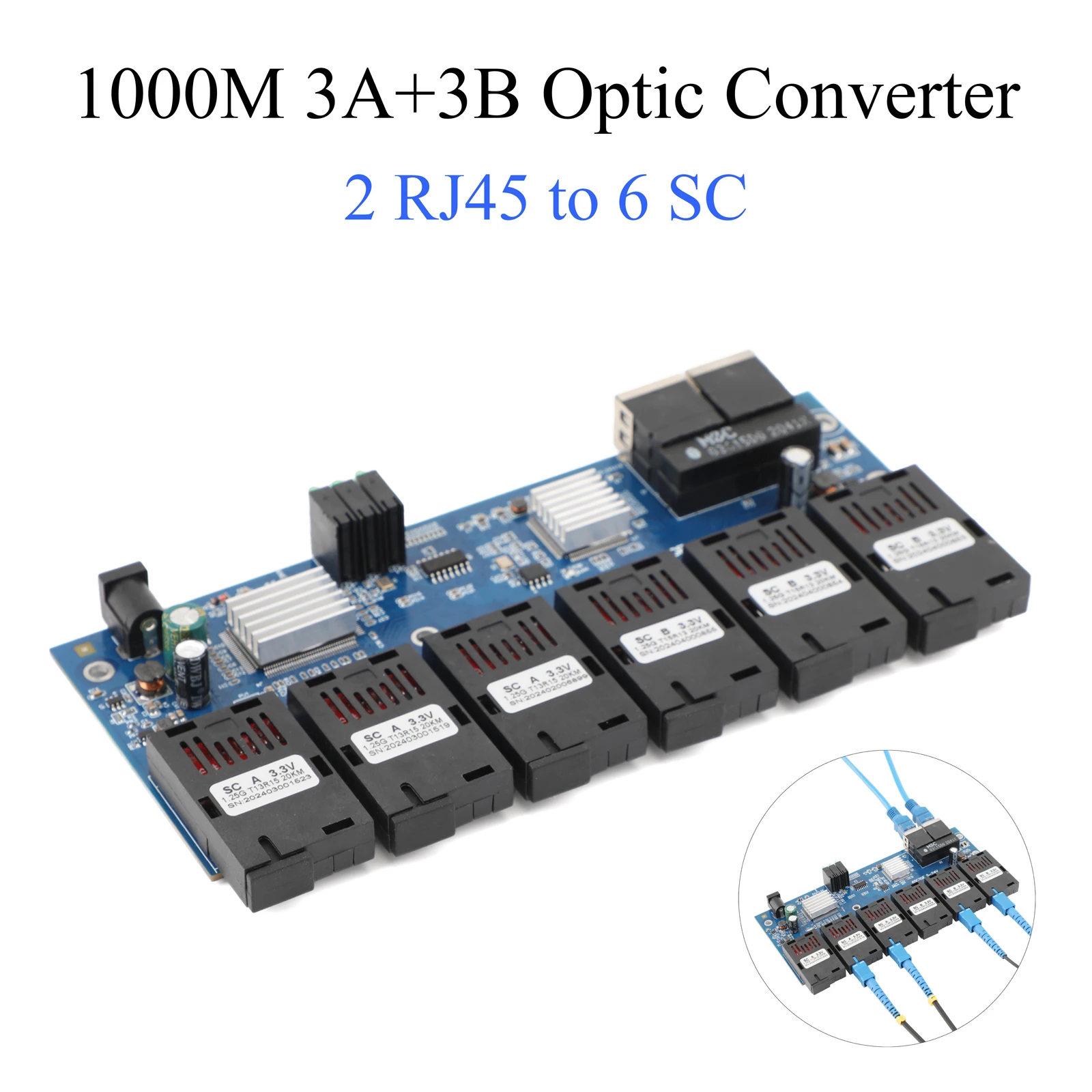 PCBA Board 100N/1000M Fiber Optic Media Converter 2 RJ45 to 6 SC 3A+3B Ports 1.25G Connector 1310nm/1550nm 20KM Ethernet Switch