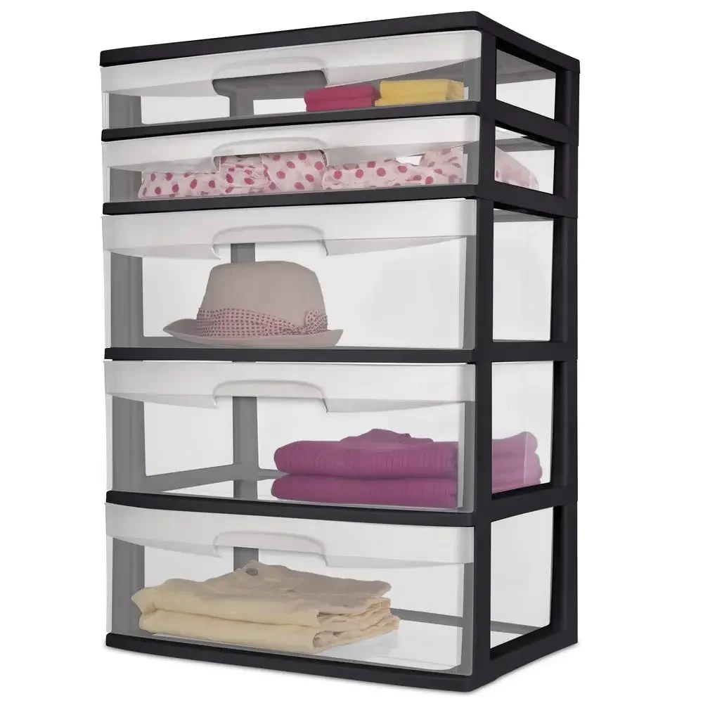 Plastic 5-Drawer Wide Tower Organizer Storage Unit Bedroom Kitchen Bathroom Craft Room Nursery Dorm Black Effortlessly Identify 5