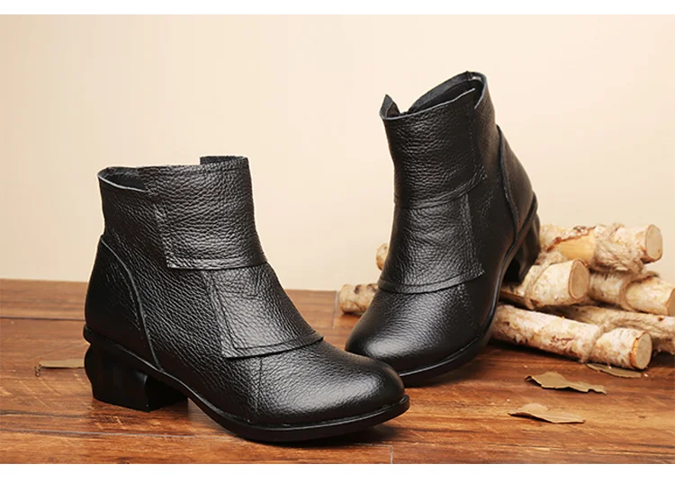 Retro wasserdichte Stiefeletten Damen echtes Leder blau quadratische Absätze Schuhe Damen Vintage bequeme Stiefel Luxus Schuh mit Absatz – Detail 11