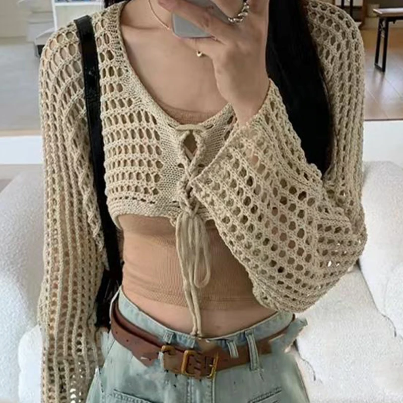 Summer Fashion Lace-up V-neck Long Sleeve Hollow Knitted Cardigan Women's Crop Top 6