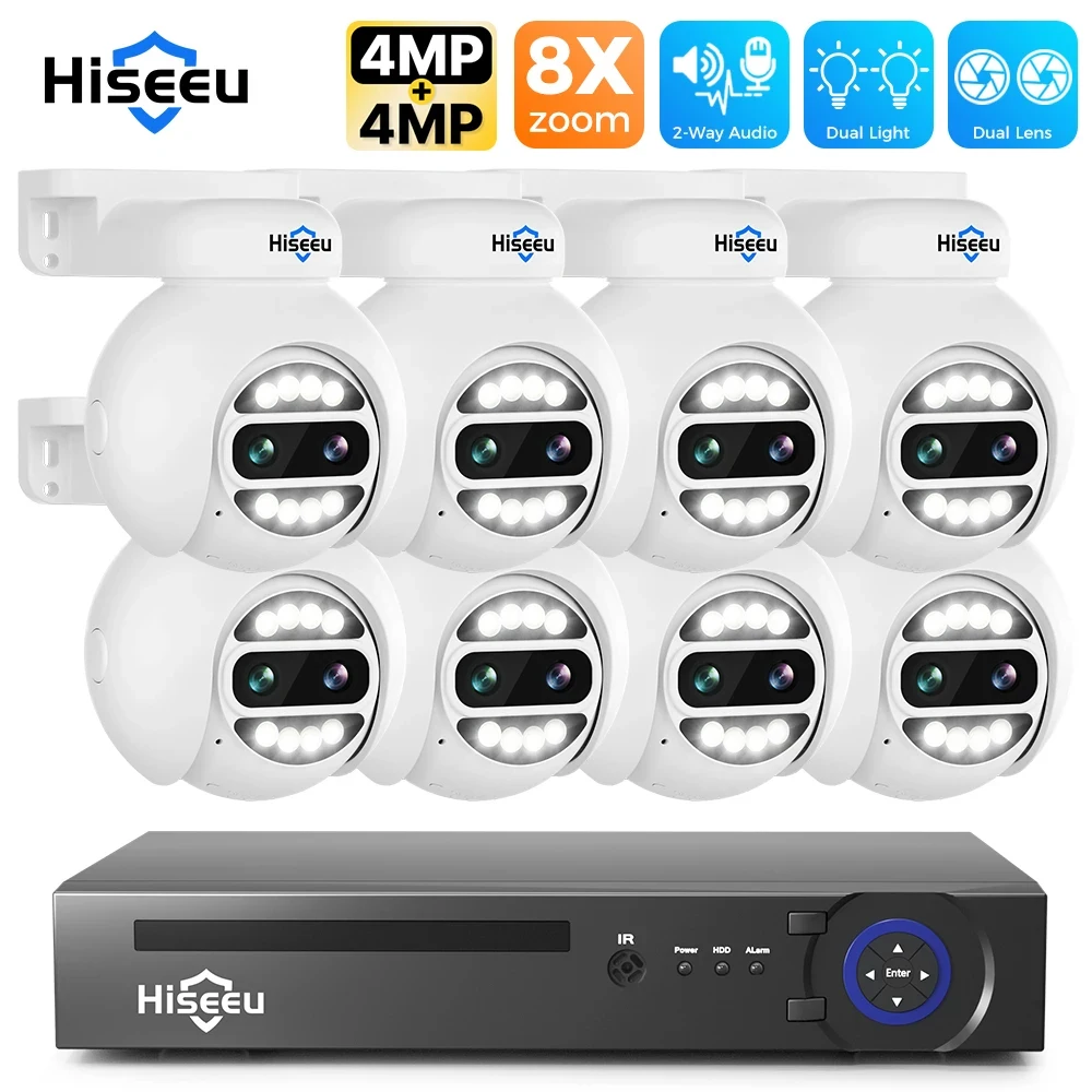 Hiseeu 4MP Dual Lens POE Security Camera System 8X Digital Zoom 8CH NVR H.265 Video Recorder Wired CCTV Surveillance IP Camera