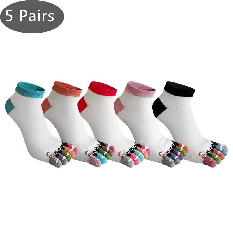5 Pairs Toe Ankle Socks Women Cotton Cartoon Bear Fish Print Sweat-Absorbing Young Fashion 5 Finger Boat Happy Harajuku Socks