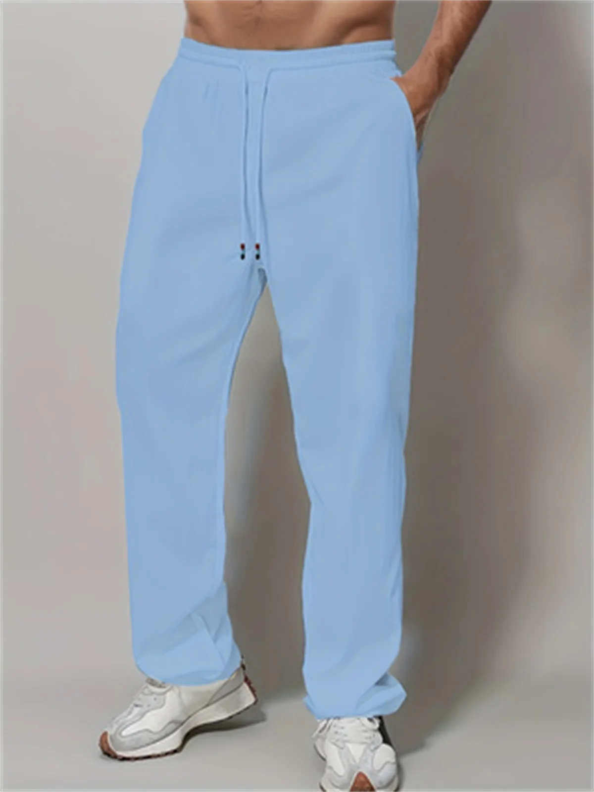 New Trend Simple Solid Color Men's Cotton Casual Drawstring Straight Leg Pants，A Gift For Men 2