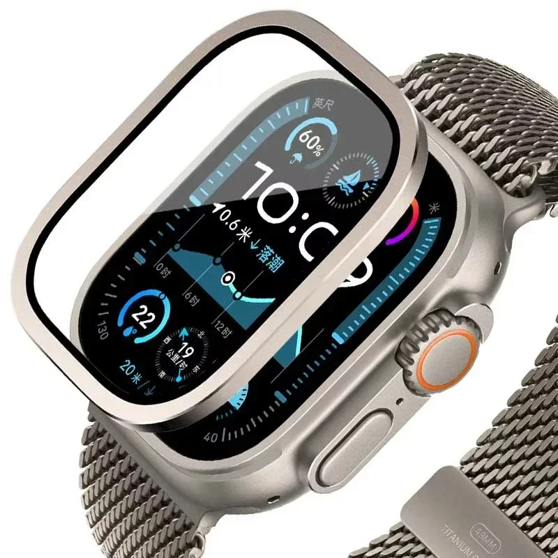 Apple Watch Ultra 49mm 케이스 액세서리용 화면 보호기 금속 커버 프레임 + 강화 유리 iWatch Ultra 3/2/1 49mm 베젤 링
