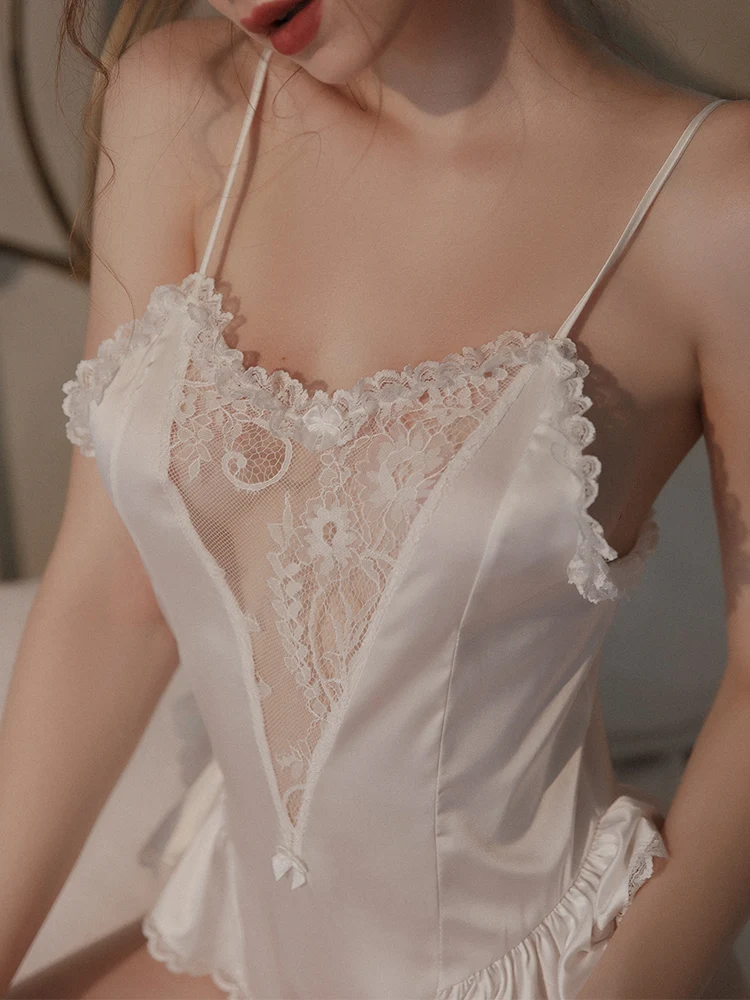 

Tulin FashionSexy Pajamas Women Lace Floral Ruffles Open Crotch Bodysuit Strap One Suit Underwear Homewear Seduction Onesie