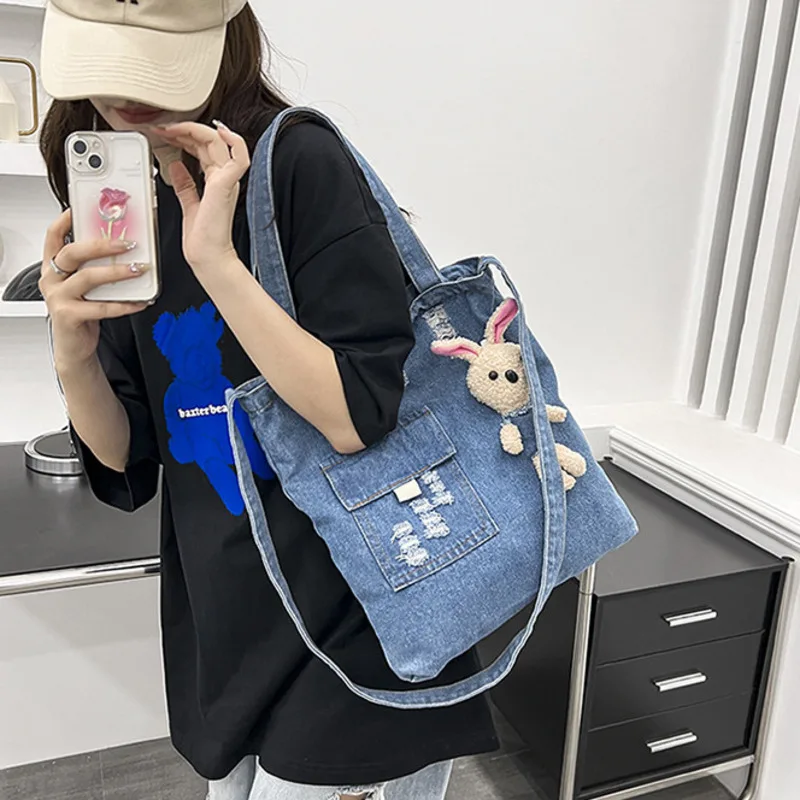 Women's Tote Bag 2024 New Super One Shoulder Denim Large Capacity Cute Little Rabbit Fashion Crossbody Bag