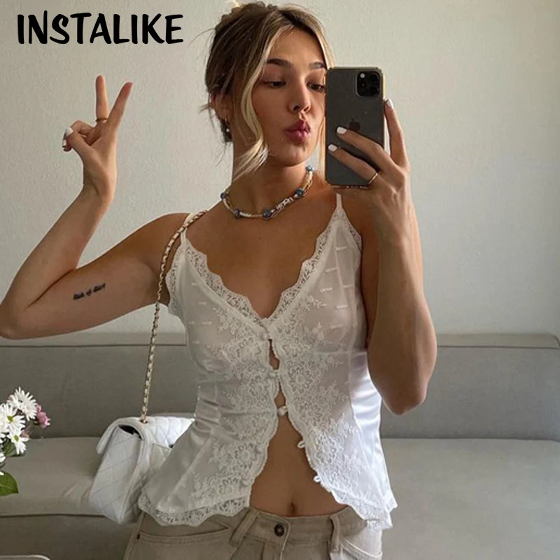 

InstaLike- Sexy Women's Lace Hollow Out Sleeveless Crop Tops,Elegant Vintage White Camis Top,Single Breasted ,Summer Clothes