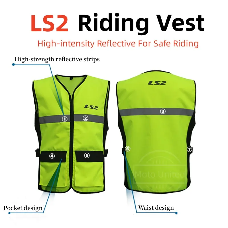 LS2 Breathable Motorcycle Reflective Safety Vest Fluorescent Work Wear High Visibility Motorcyclist Vest Security Clothing