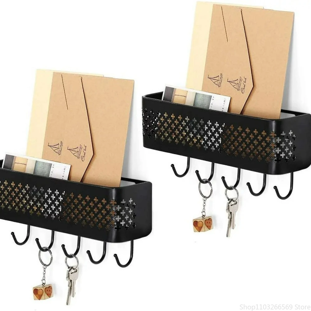 

Black Wall Mounted Mail Sorter Key Organizer, Metal Entryway Storage Basket with 5 Hooks for Coats and Keys, Set of 2