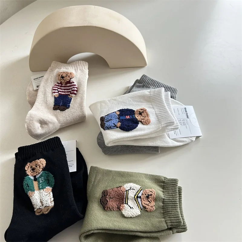 Women's Cartoon Bear Mid-Calf Cotton Socks Casual Sweater Female Socks Comfortable Long Middle tube