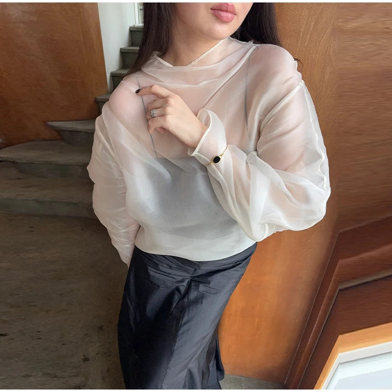 Damen Transparente Organza-Bluse mit Hohem Kragen und Langen Puffärmeln, Locker Sitzende Oberteile Frühjahr 2026, Lässige Damenmode für Büro und Streetwear – Detail 9