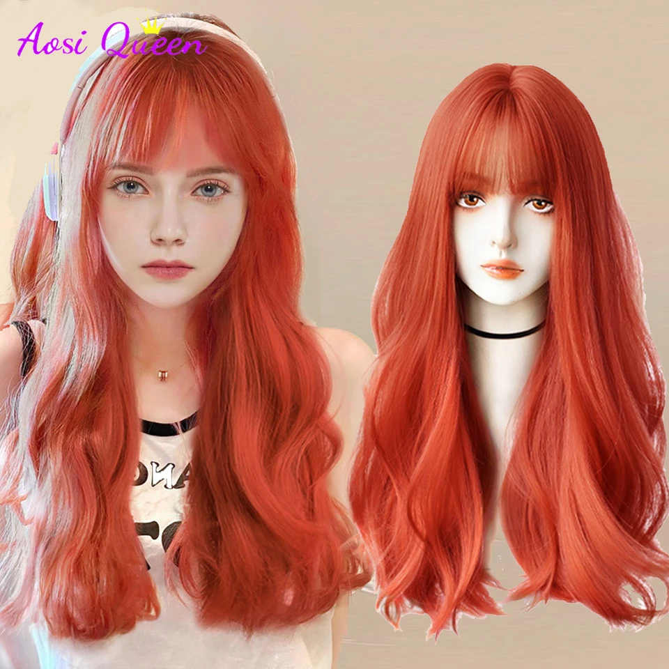 AS Synthetic Mid-length Red Orange Straight Wig With Bangs Synthetic Heat Resistant Fiber Hair Short Wigs for Black/White Women