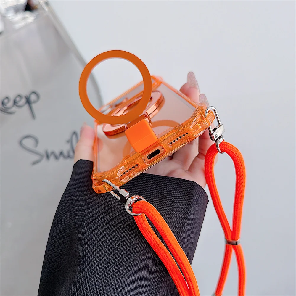Versatile Crossbody Lanyard Phone Case with Soft Wrist Strap and Magnetic Stand - Clear Acrylic Armor Cover
