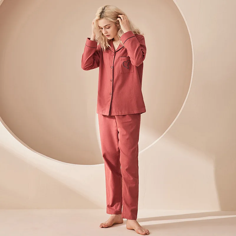 100%Cotton Pajama Set Men and Women's Pajamas Lovers Lapel Solid Color Cardigan New Product Nightwear Simple Solid Color