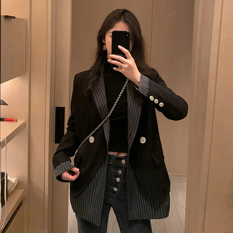 

Женский двубортный блейзер в полоску, элегантный свободный пиджак, верхняя одежда, весна-осень 2023