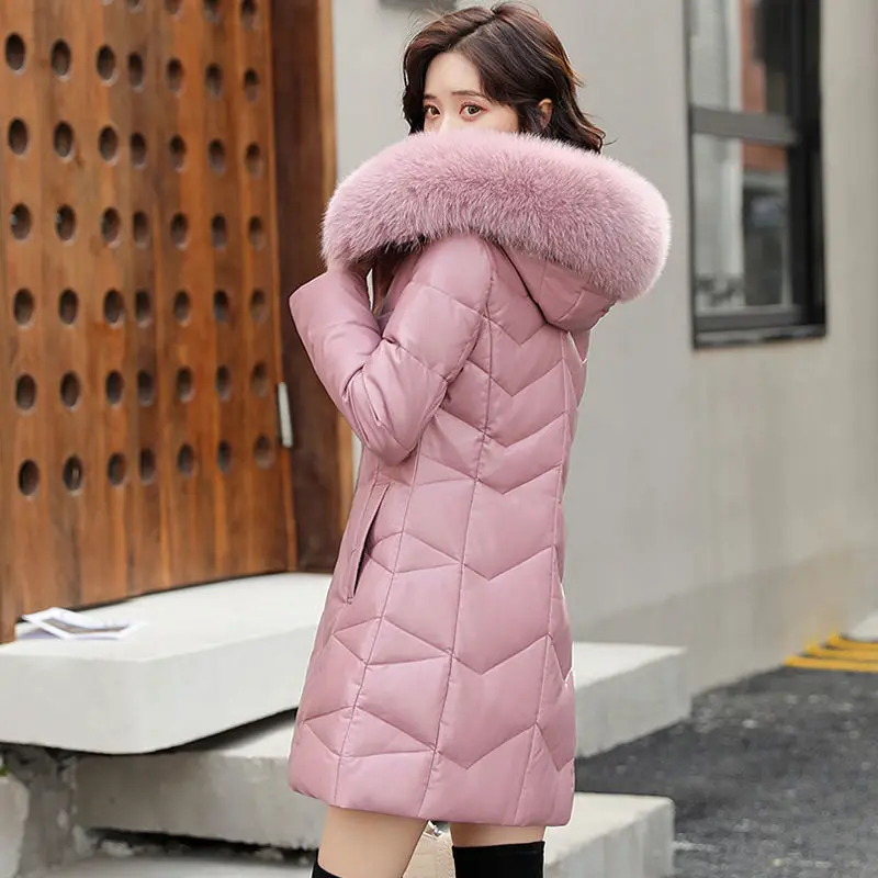 2023 Winter New Women down Jacket Mid length version Slim-Fit Coat Thickened Warm Leather outwear Fox Fur Collar Hooded outcoat