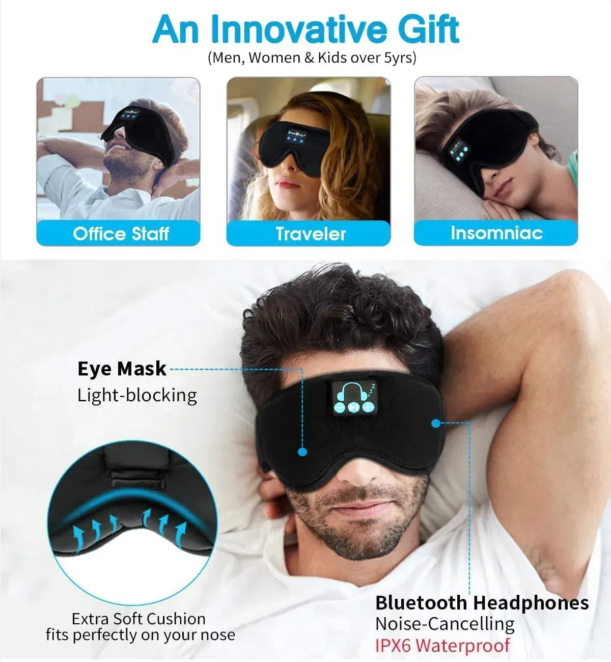 Máscara para dormir opaca con orejeras para relajarse, juego de auriculares  para dormir, venda para los ojos, orejera antiruido para dormir - AliExpress