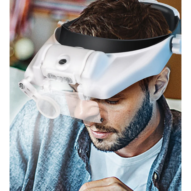 Lighted Optivisor Headband Magnifier, Jewelers Magnifying Glasses 1.5X 2.0X  2.5X 3.5X, Rechargeable Head Mount Magnifier Headset, Hands Free