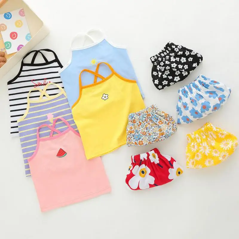 Newborn Girls Pure Color Vest Summer Home Clothes Simple Sleeveless Tops Inside For Baby Printed Short Pants Fashion Cute 2pcs