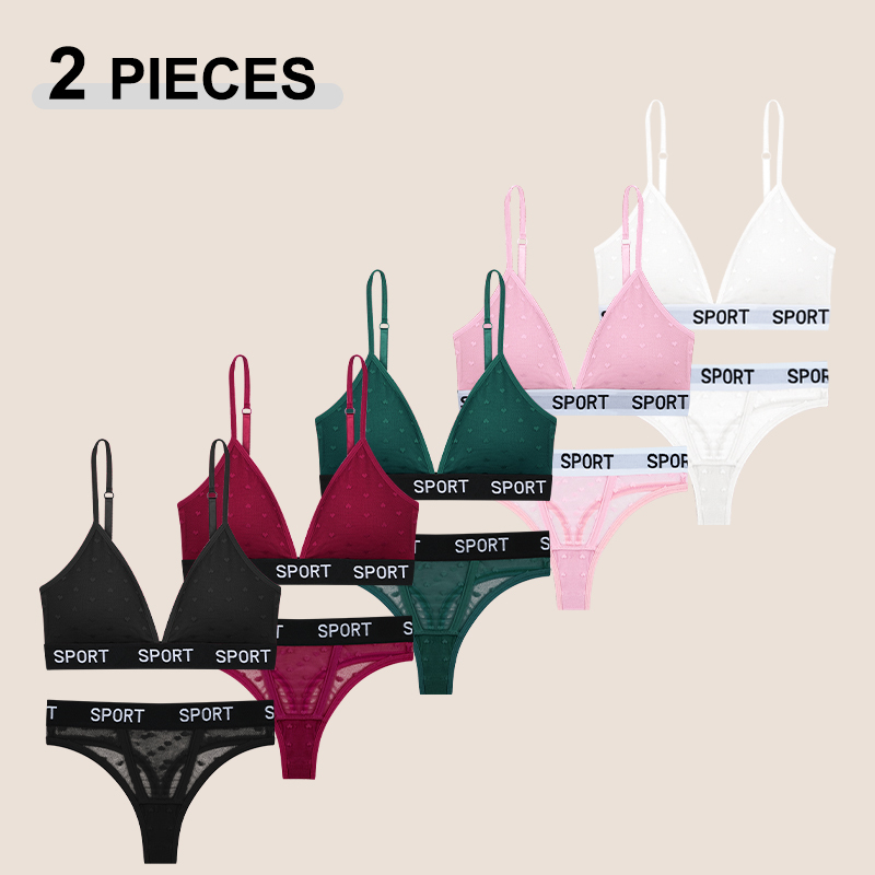 2PCS Sexy Lace Underwear Set For Women Wireless Push Up Bras Low Waist Thongs Transparent Bra Set Female Breathable Lingerie Set