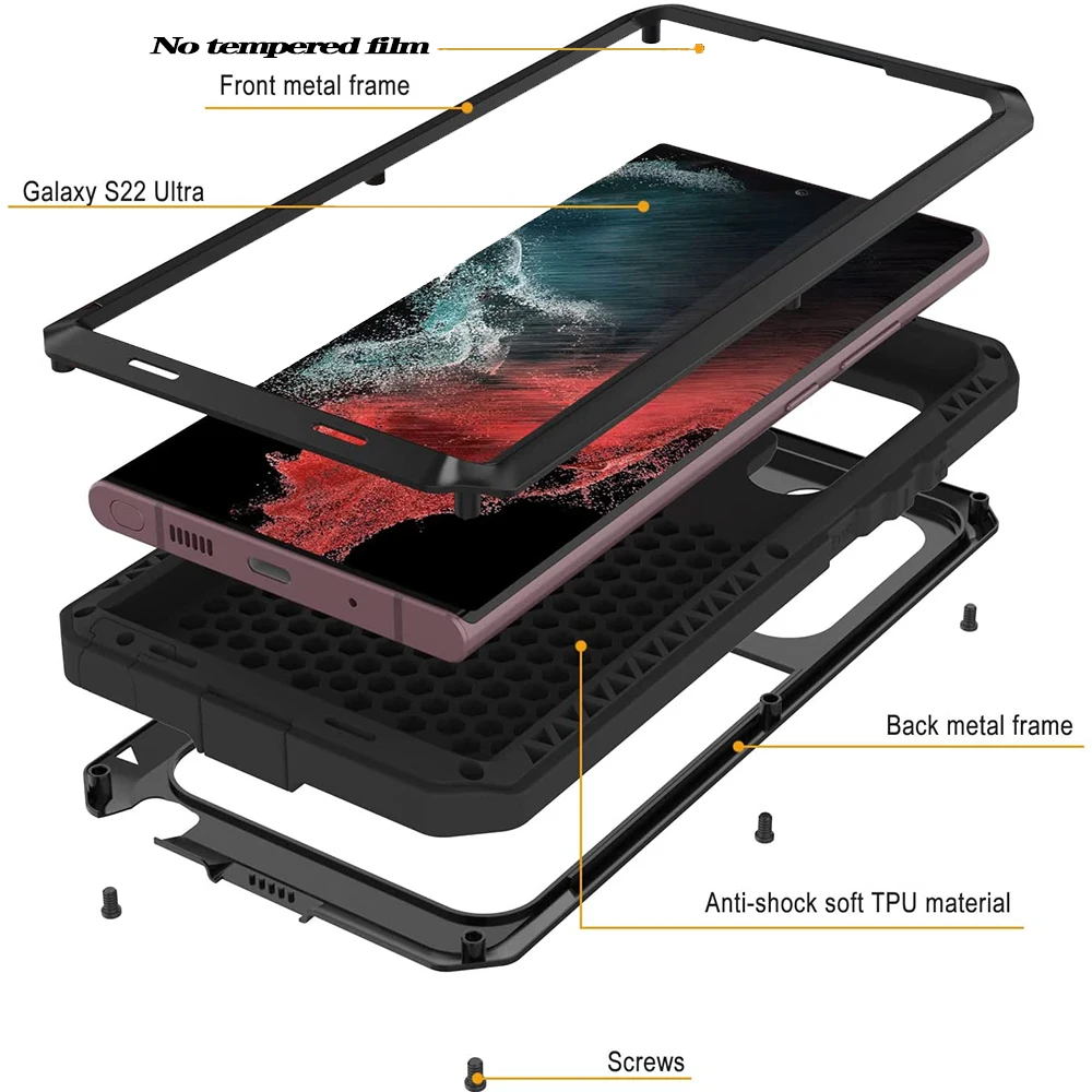 

Glass Film+ Full Protective Doom Armor Metal Case Shockproof for Samsung S8 S9 S10 Plus S20 S21 S22 S23 Ultra Note 9 10 20 Cover