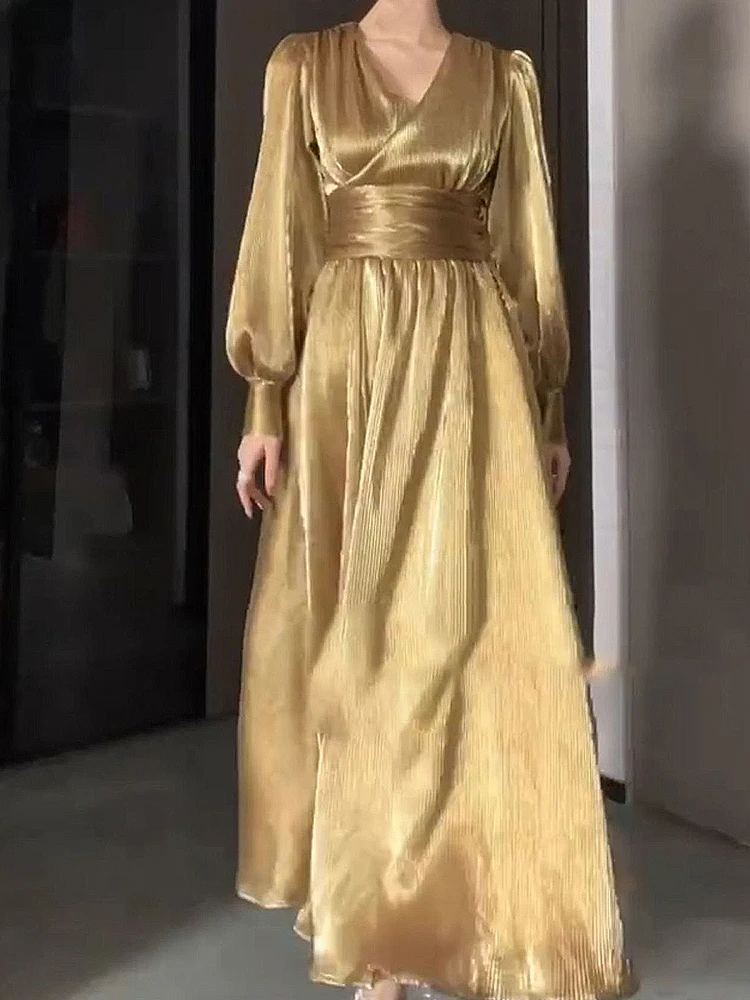 New Luxury Gold Split Long Dresses Spring Women Lantern Sleeve