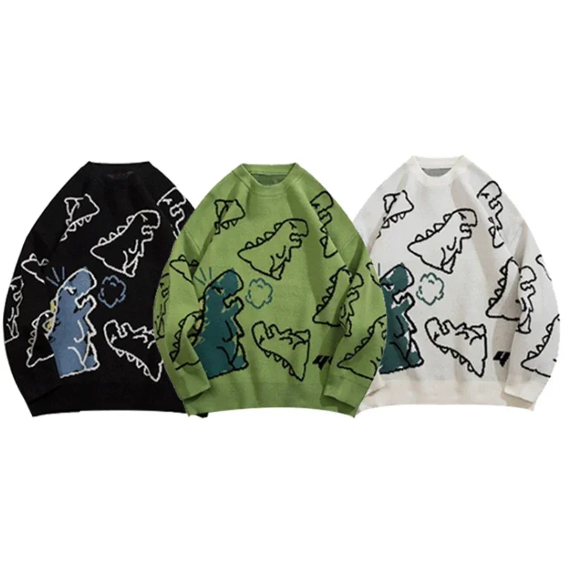 

Sweater Men Harajuku Style Fashion Knitted Hip Hop Dinosaur Cartoon Pattern Pullover O-Neck Oversize Casual Couple Male Sweaters