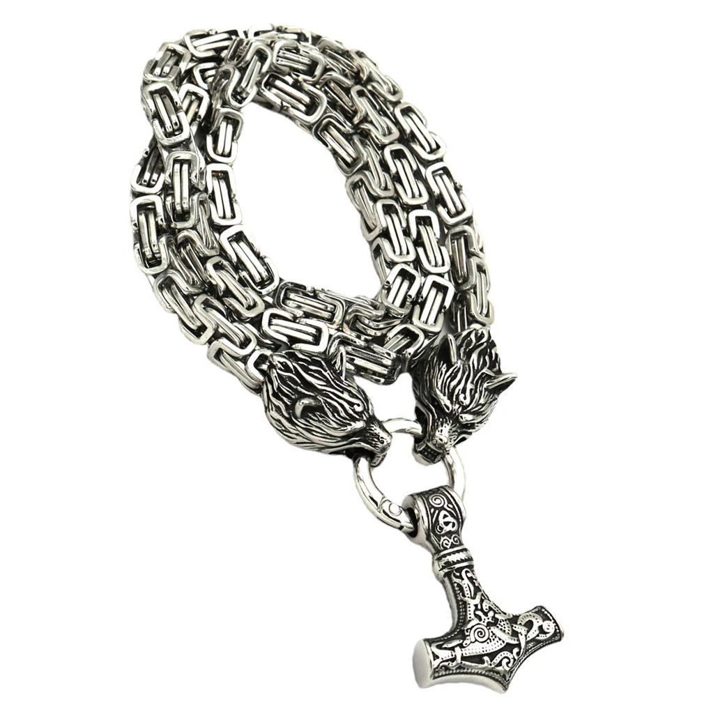 

40cm Stainless Steel Viking Wolf Head Necklace Nordic Gothic Animals Pendent Necklaces Punk Square Shape Link Chain