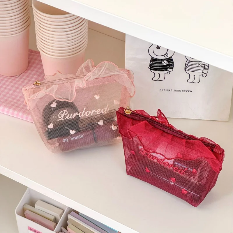 High Value Ruffled Net Pouch Ins Wind Girly Heart Student Convenient Breathable Small Lipstick Organizer Bag