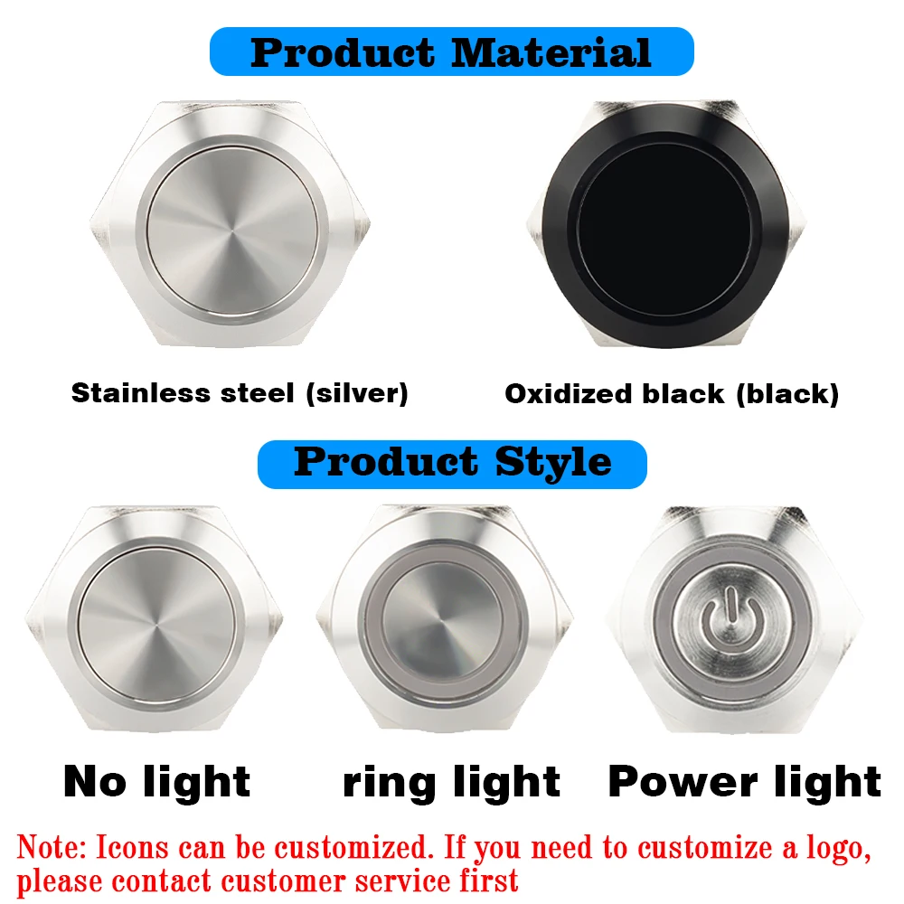 16/19/22/25/30mm With Wires Short Stroke Waterproof Metal Push Button Switch 1NO