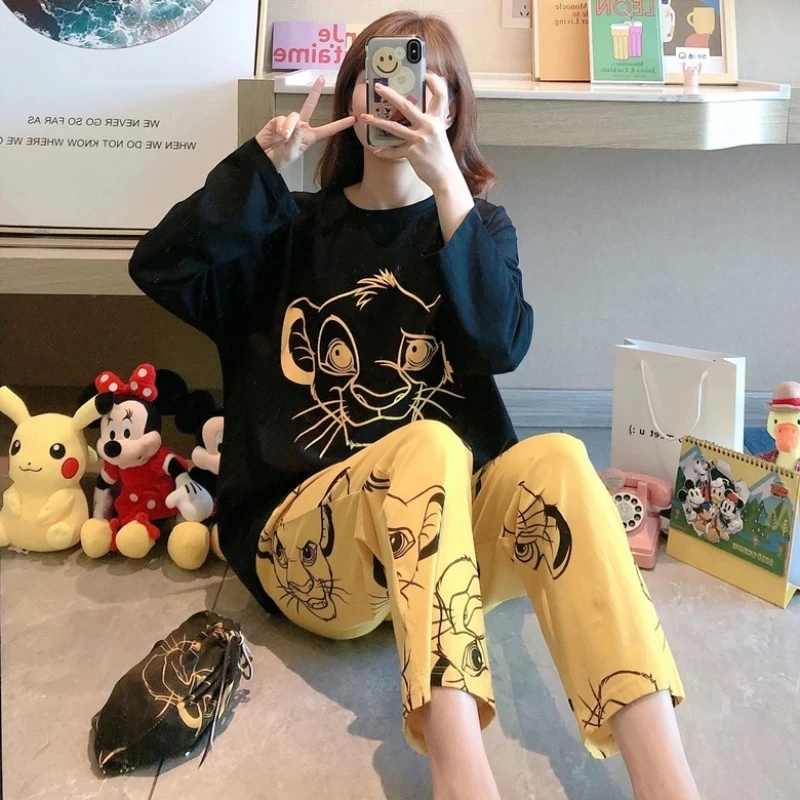 The Lion King Simba Cute Pajamas Set Autumn Winter Long Sleeve Leisure Sleepwear For Women Loose Nightwear Homewear Suit cotton pajama set