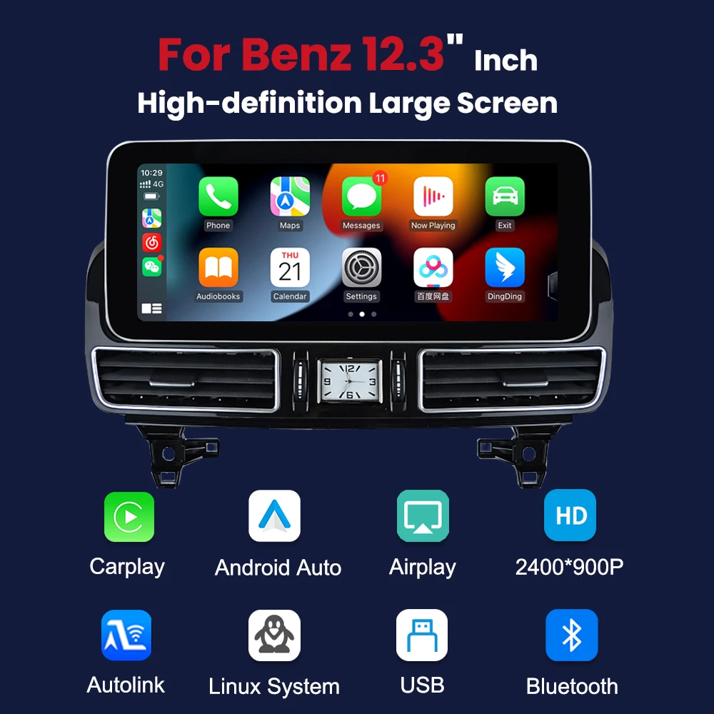 Pantalla Táctil Inalámbrica CarPlay Android Auto de 12.3 Pulgadas 2400*900P para Mercedes Benz ML W166 GL X166 GLE GLS 2012-2018 Sistema NTG4.5/5.0, Sistema Inteligente para Automóvil, Radio Multimedia Inteligente con Bluetooth, Navegación GPS, Autolink, Navi, Mirror Link, AirPlay 2