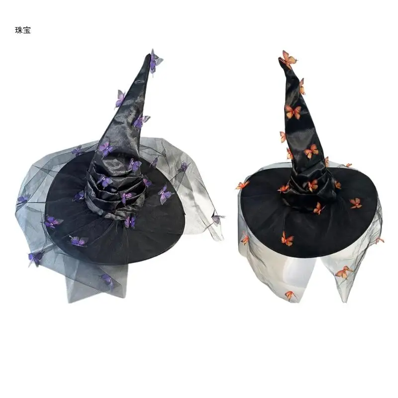 

X5QE Witch Hat Halloween Carnivals Photography Adult Witch Hat with Butterfly Applique Parties Cosplay Hat for Teen Adult