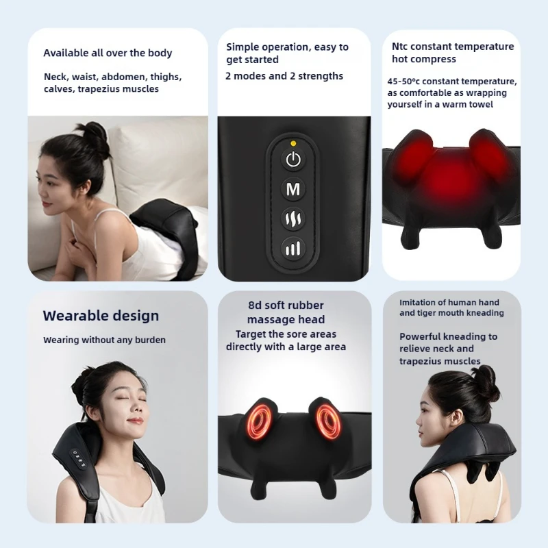 USB Rechargeable Massager for Office & Home Cordless Shiatsu Heated Neck & Shoulder Massager Relaxing Body Electric Massage Tool