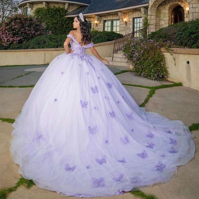 Lavender Quinceanera Dresses Off The Shoulder Glitter Tulle Appliques Bow Gown Pageant Bitthday