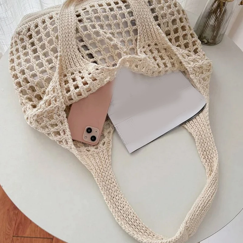 Women Crochet Tote Bag Hollow Beach Bag Large Capacity Fashion Knitted Bag Solid Color Simple Shopping Bag for Travel Vacation 5