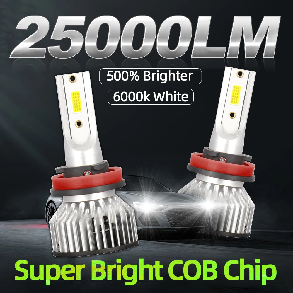 مصباحان أماميان صغيران للسيارة بتقنية LED طراز H1 H4 H7 H8 H11 9005 HB3 9006 HB4 9004 9007 HB5 H13 بقوة 25000 لومن و180 واط، مصباح أمامي توربو 12 فولت